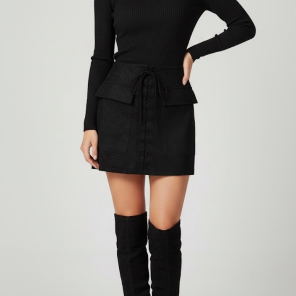 Brunette the Label Faux Suede Black Corset Tie Mini Skirt Size Small/Medium